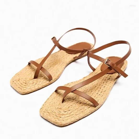 Zara Brown Leather Flat Summer Beach Sandals Shoes Size 10 - Picture 1 of 9